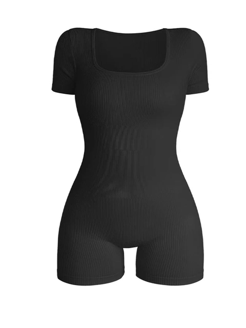 New Women Gym Wear Workout Clothing Bodysuits Short Sleeves Yoga Sportswear Square Neck One Piece Ribbed Jumpsuits