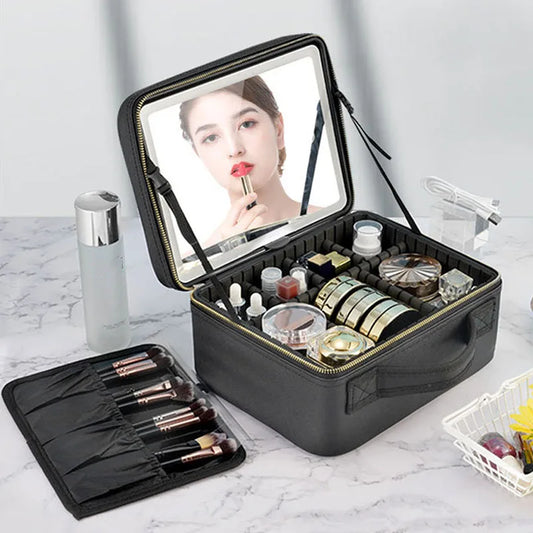 Smart LED Cosmetic Case with Mirror Travel Makeup Bag Large Capacity Female Beautician Skincare Product Makeup Case for Women
